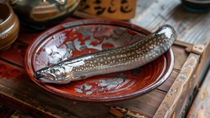 Wall Mural - Eel displayed on a crimson dish