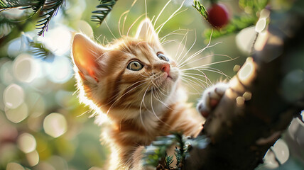 Cute kitten sitting on tree branch , AI Generative.