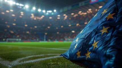 Wall Mural - A European Union flag is prominently displayed in the foreground inside a brightly lit stadium during a major sporting event