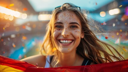 Poster - A joyful young woman with glitter on her face smiling brightly and holding a flag while celebrating at a lively sports event in a stadium