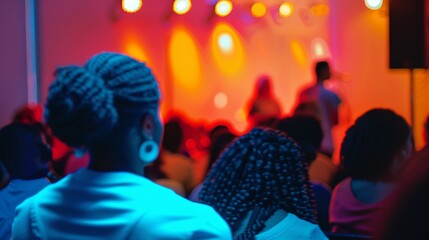 Poster - The audience is but a colorful blur as performers step into the spotlight at the open mic night bringing their stories to life.