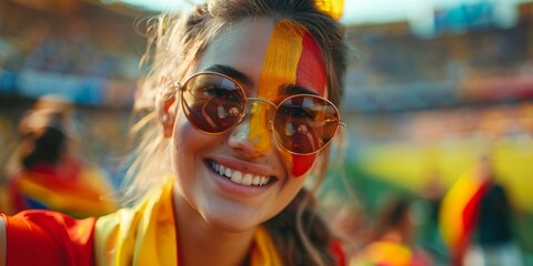 Poster - A young, smiling individual with face paint and sunglasses enjoying a vibrant atmosphere in a crowded stadium during a sports event