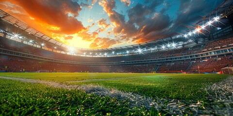 Wall Mural - A breathtaking view of a modern football stadium filled with passionate fans and illuminated by a vibrant sunset sky, capturing the essence of a thrilling sports event
