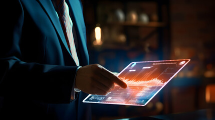 Wall Mural - Close-up of a businessman with a tablet featuring an evolving holographic statistical projection
