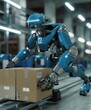 © DWN Media - A blue robot is pushing boxes on the road, with an electric vehicles platform and warehouse background.