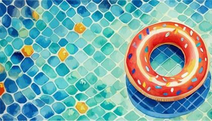 Wall Mural - Watercolor of a pool doughnut float in a sunny summer day , summer, pool, doughnut float, watercolor, sunny, fun, relaxation, floating, vacation, leisure, swimming, colorful, inflatable