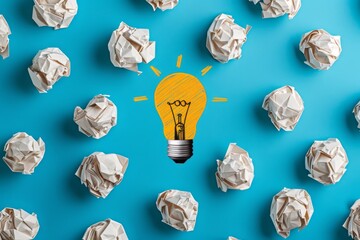 Wall Mural - A creative concept of an idea bulb surrounded by crumpled paper balls on a blue background, symbolizing the process and moment when you get your best ideas.