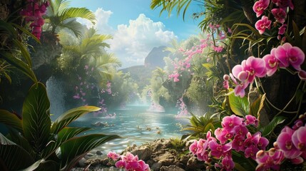 Wall Mural - Orchids surrounded by a picturesque natural setting