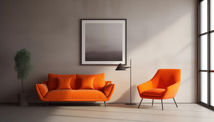 Wall Mural - Modern living room interior with orange sofa armchair and decorative items