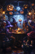 © ClicksdeMexico - A group of people are sitting around a table in a bar with Halloween decorations