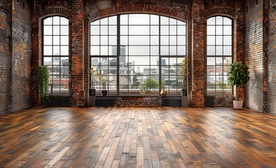 Wall Mural - A large empty room with brick walls and wooden floors, featuring an industrial style design.