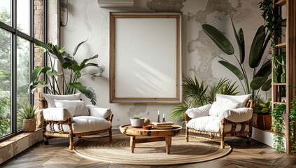 Wall Mural - A large framed white painting hung on the wall of an elegant living room containing two armchairs and a coffee table.