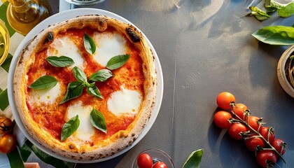 Wall Mural - delicious traditional italian food margherita pizza with mozzarella cheese tomatoes and basil leaves