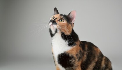 Wall Mural - three colored calico cat is sitting looking up on light gray background