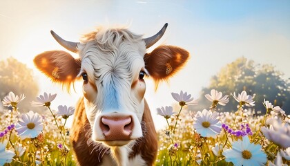 Wall Mural - design cute cow floral watercolor ai generated