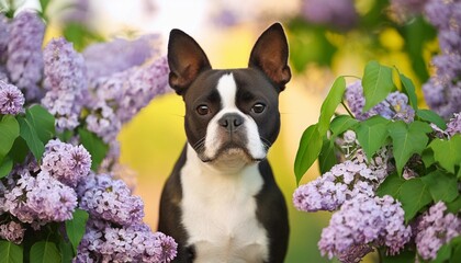 Poster - cute boston terrier dog posing with lilac flowers outdoors