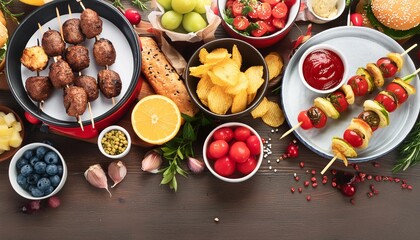 Wall Mural - summer bbq food table scene hamburgers meat skewers potatoes fruit and snacks top view on a dark wood background