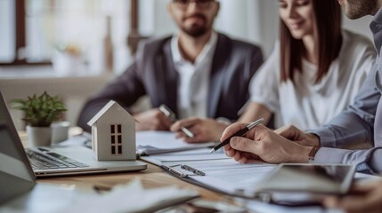 Young couple is buying a house with a mortgage. They sign the documents with an agent in the office