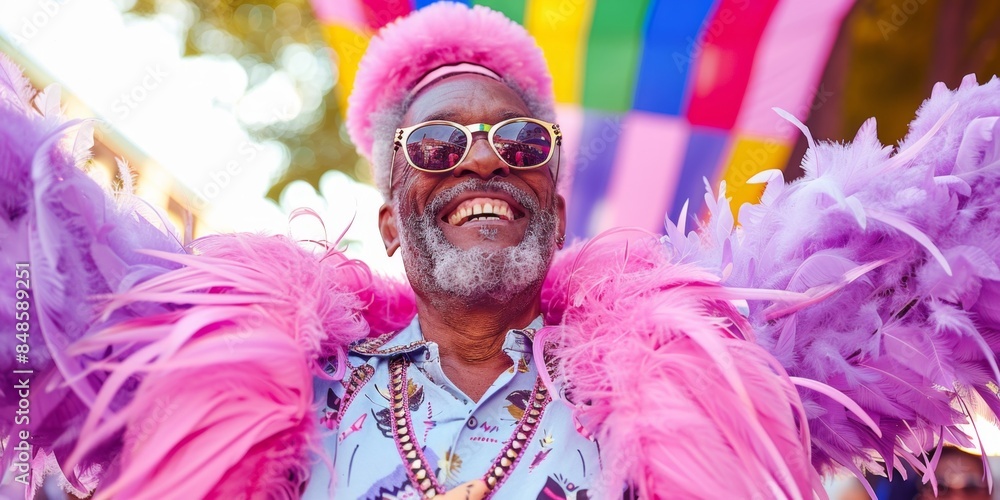 Happy elderly gay black man at pride parade. Senior African American ...