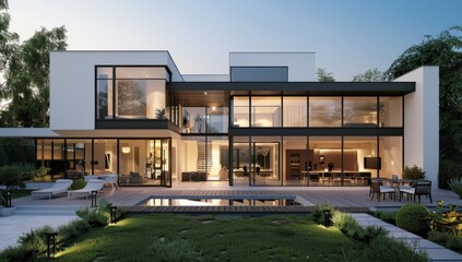 Wall Mural - A modern house with large glass windows, white walls and a black roof. A wooden deck terrace is in front of the entrance, with an outdoor dining area near the swimming pool.