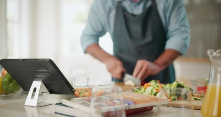 Sticker - Hands, old man and kitchen with vegetables, tablet and cooking with online instruction, post with recipe and organic food. Closeup, pensioner and vegetarian with tech, digital app and ingredients