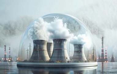Wall Mural - A planet Earth with large nuclear power plants emitting smoke inside an open glass dome on a light background, in the style of hyper realistic photography.