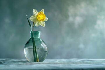 Wall Mural - a vase filled with water and a single yellow daffodil sticking out of the top of the vase