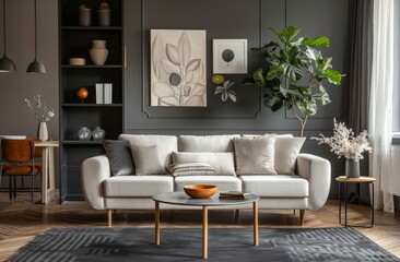 Wall Mural - A simple living room with grey walls, a sofa and coffee table, a dining area in the background, natural lighting, high resolution photography