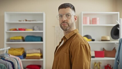 Wall Mural - A young man with a beard and glasses stands thoughtfully in a trendy wardrobe room surrounded by colorful clothing and accessories.