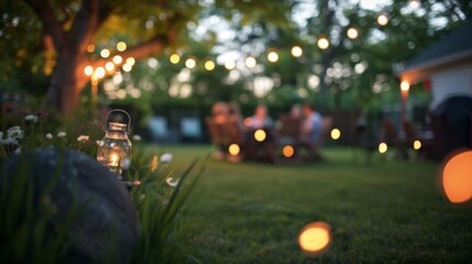 Wall Mural - Soft focus on the inviting backyard filled with visitors envisioning summer gatherings