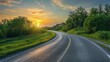 © Sundas - asphalt road going off into the distance on the left, passes through the green shaded forest at sunset