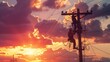 © zaen_studio - A man working on a power pole, an electrician at work in golden hour lighting
