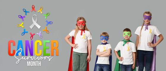 Sticker - Group of kids in superhero costumes with yellow ribbons on grey background. International Childhood Cancer Day