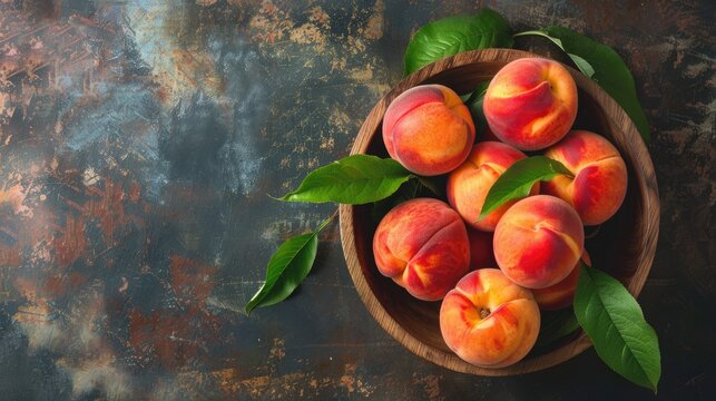 Top view of a wooden bowl filled with fresh peaches a tropical fruit