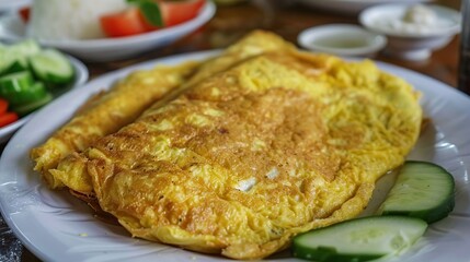 Wall Mural - Close-Up of Scrambled Eggs with Cucumber Garnish