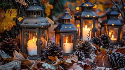 Sticker - Cozy autumn scene with lanterns and pinecones among colorful leaves, creating a warm and festive atmosphere.