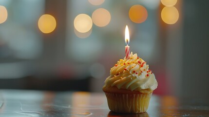 Close-up of a cupcake with a lit candle, surrounded by a warm bokeh background, perfect for celebrations.