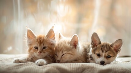 High-detail image of a pair of adorable newborn kittens and a Welsh Corgi lying in a corner, looking at each other. Captured in profile view, they appear fluffy and jewel-like, bathed in soft lighting