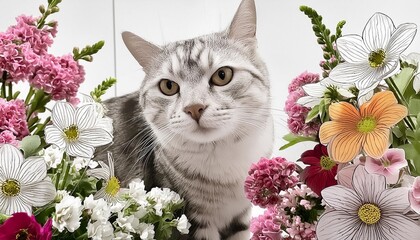 Wall Mural - coloring page with flowers and cat