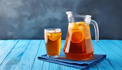 Wall Mural - pitcher filled with iced tea sits on blue table