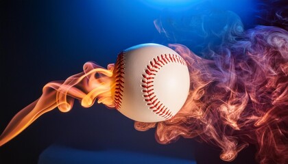 baseball closeup in a orange smoke isolated on a dark blue background original and creative panorama banner