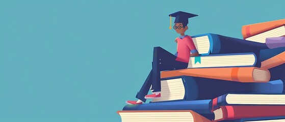 Cartoon character illustration of a student in a graduation hat, symbolizing academic achievement and graduation