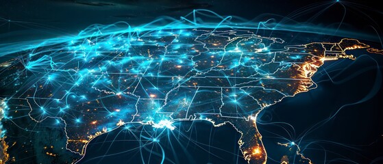 illustration of USA surrounded by digital data networks and communication lines