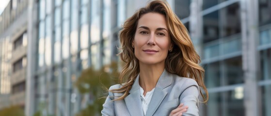 Wall Mural - A professional woman with a radiant smile, posing outdoors, showcasing confidence and beauty in an urban environment