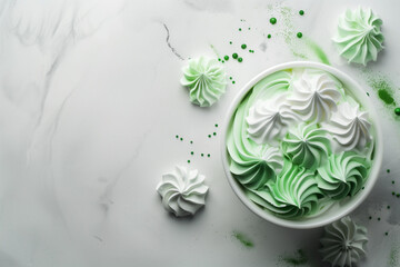 Bowl of swirled green and white meringues, set against a marble background, visually appealing and delicate, perfect for sweet and light occasions, elegant and artistic