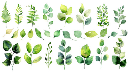 Wall Mural - set of hand drawn watercolor green leave clip art,  on  white background