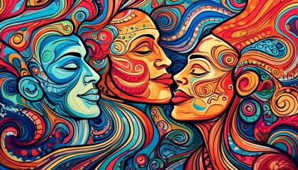 Wall Mural - Psychedelic Essence Swirling Liquid and Abstracted Faces in Bright Hues - Detailed Pen Stroke Desktop Wallpaper