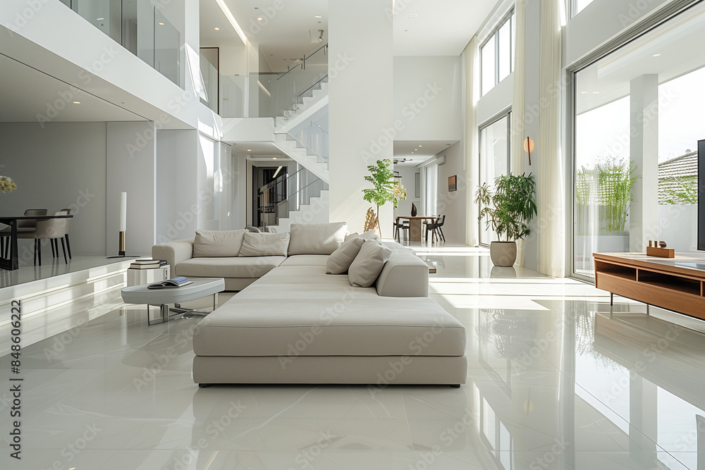 Serene minimalist living room with functional furniture and soft gray ...