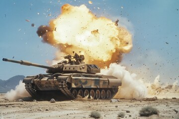 a battle tank being attacked by explosives