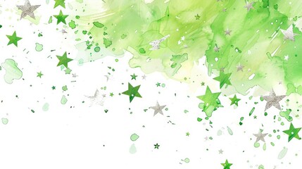 Wall Mural - Watercolor design featuring lime green and acrylic silver stars against a white backdrop